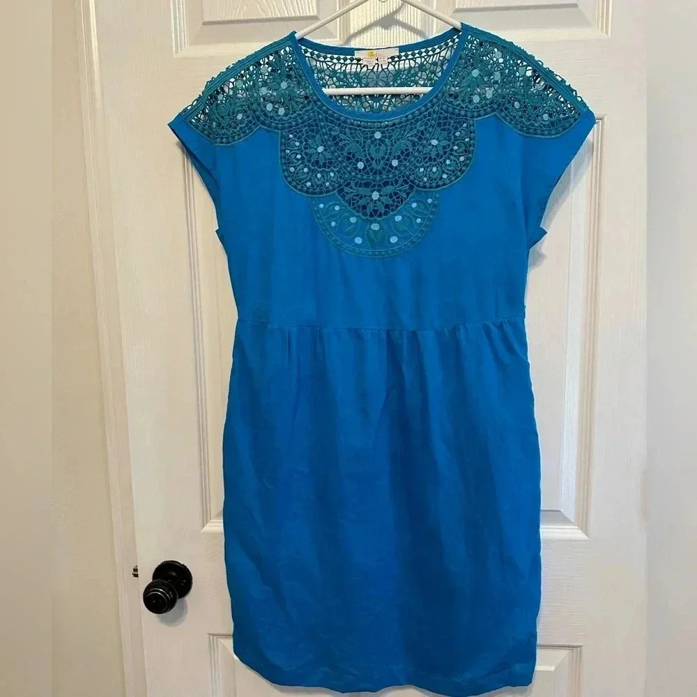 Boden Fleur Embroidered 100% Linen Dress With Pockets Blue Lagoon Size 4R